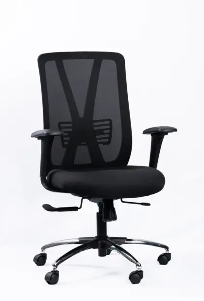 NX METE mesh chair with chrome base, three-quarter view