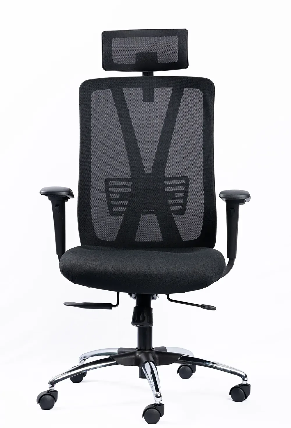 NX METE H high-back mesh chair with chrome base, front view