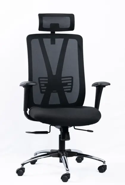 NX METE H high-back mesh chair with chrome base, three-quarter view