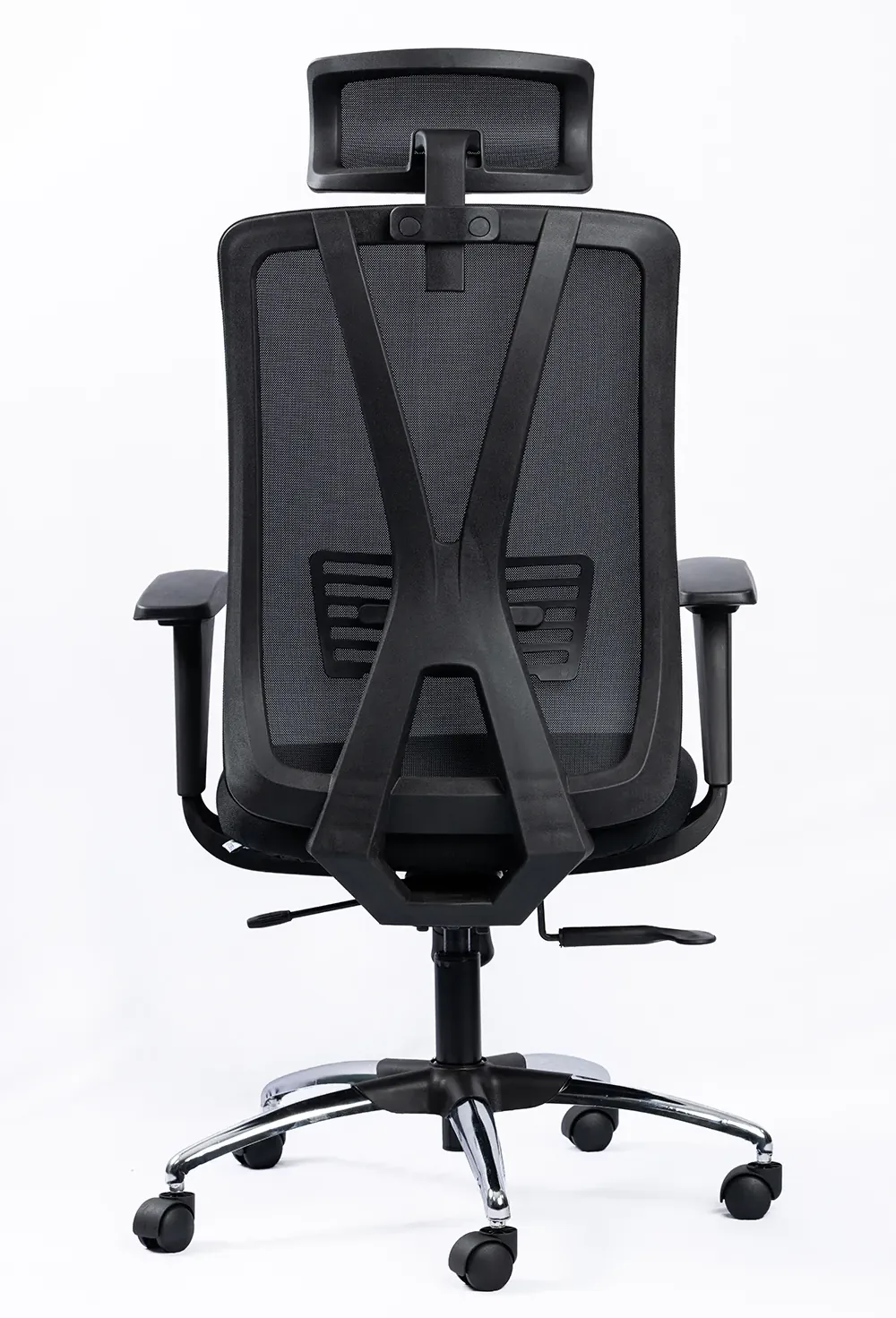 NX METE H high-back mesh chair with chrome base, rear view