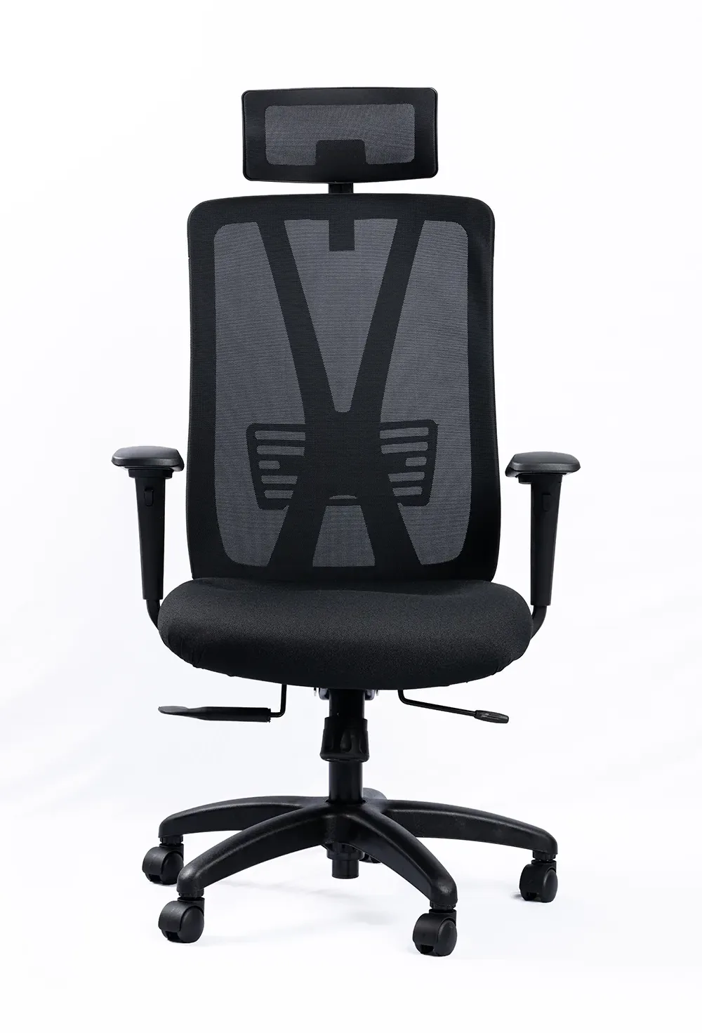 NX METE H high-back mesh chair with black nylon base, front view