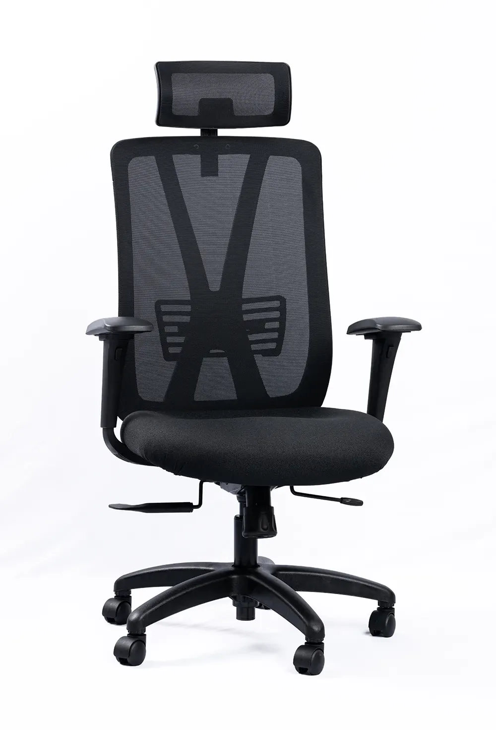 NX METE H high-back mesh chair with black nylon base, three-quarter view