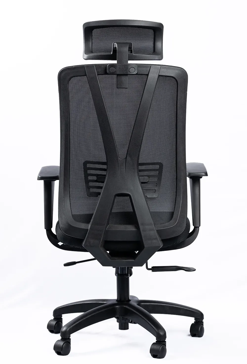 NX METE H high-back mesh chair with black nylon base, rear view