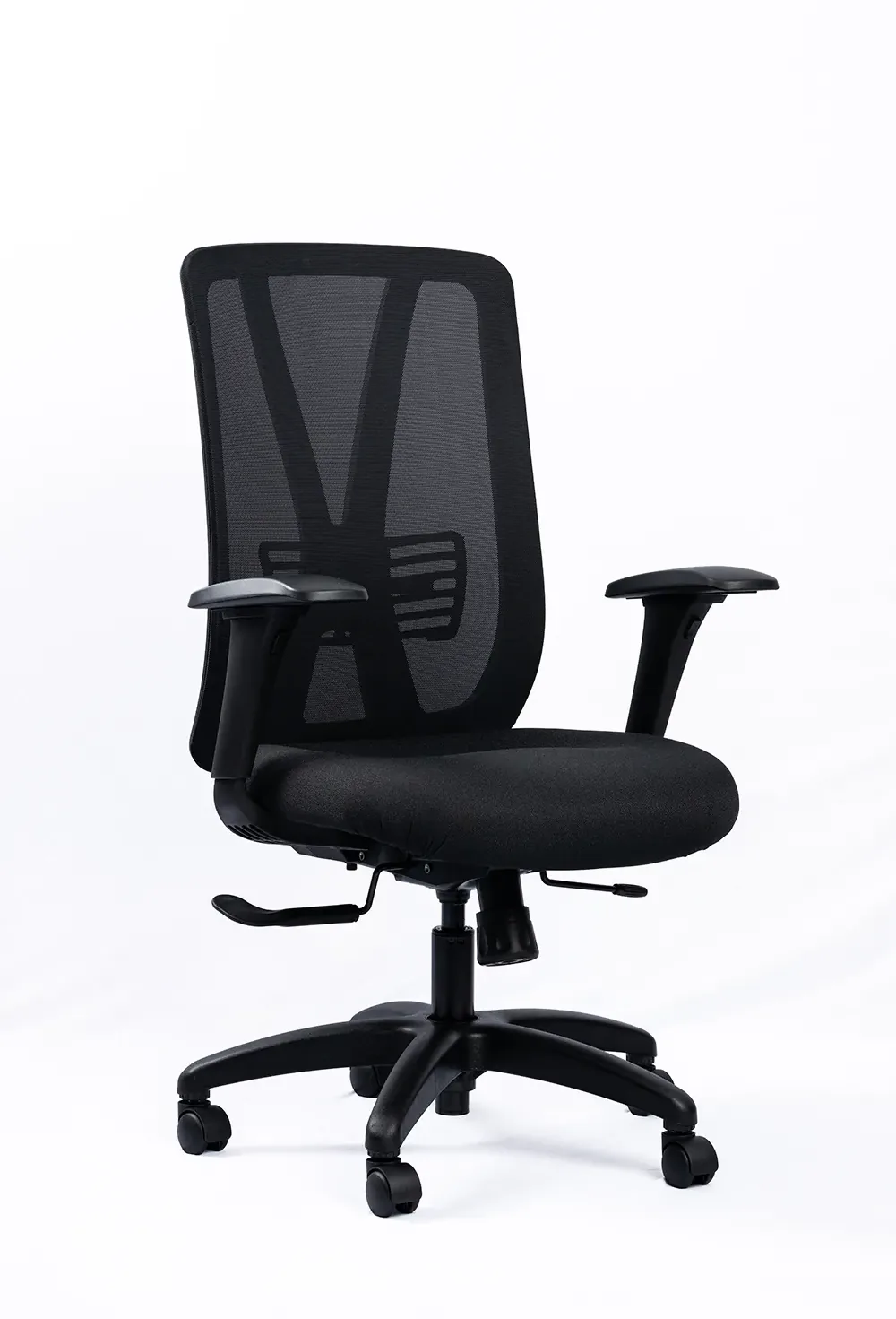 NX METE mesh chair with black nylon base, three-quarter view
