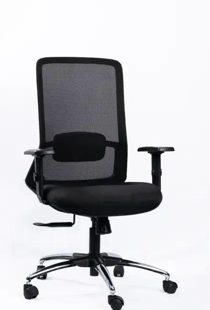 NX NOVE mesh chair with chrome base, three-quarter view