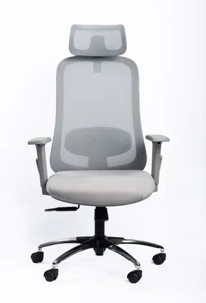NX OYE H grey high-back mesh chair with chrome base, front view