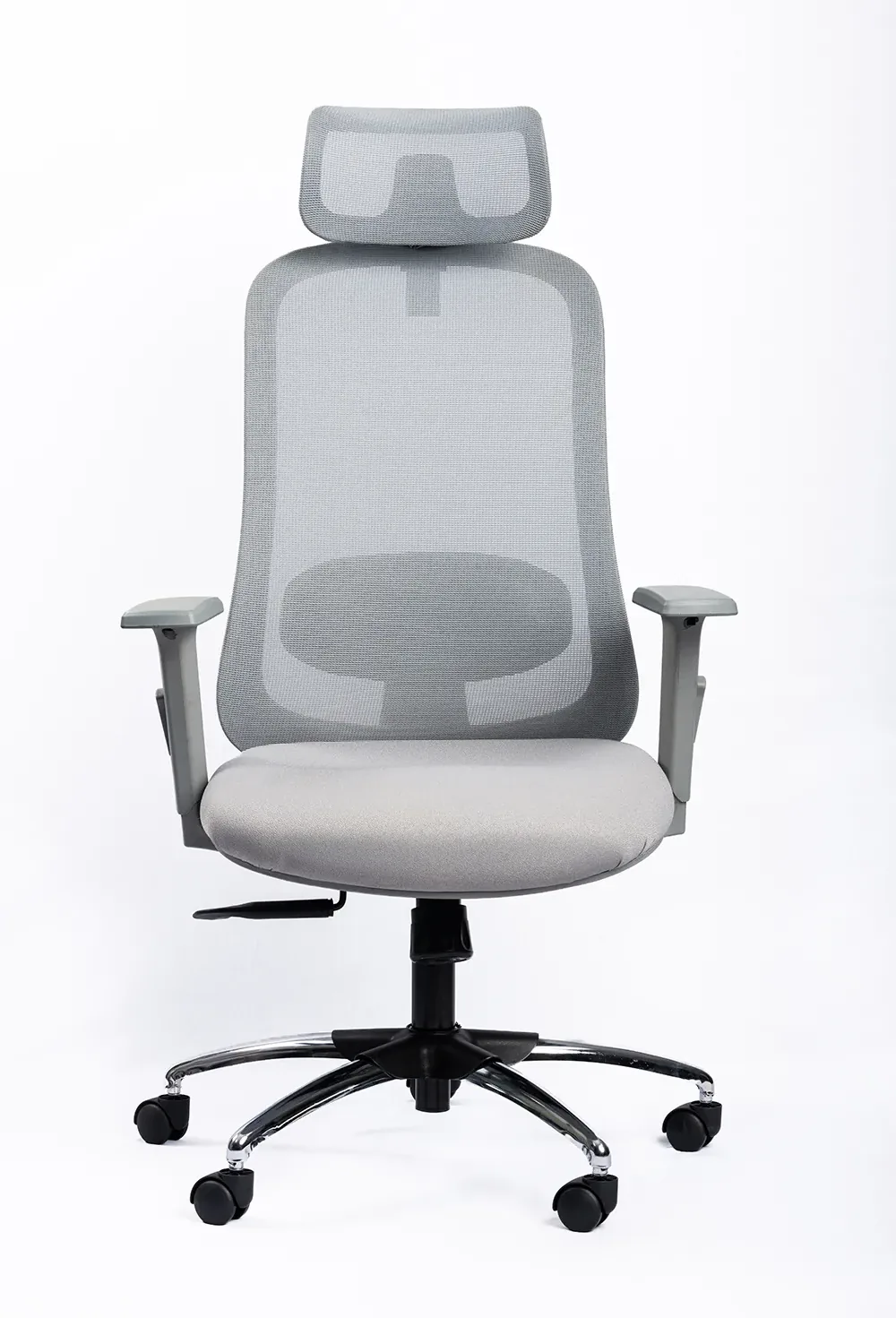 NX OYE H grey high-back mesh chair with chrome base, front view