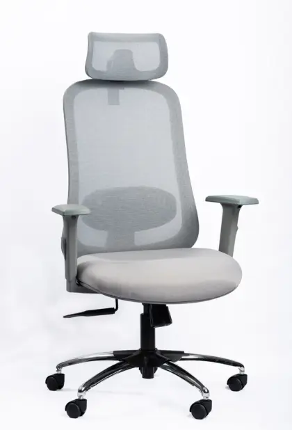 NX OYE H grey high-back mesh chair with chrome base, three-quarter view
