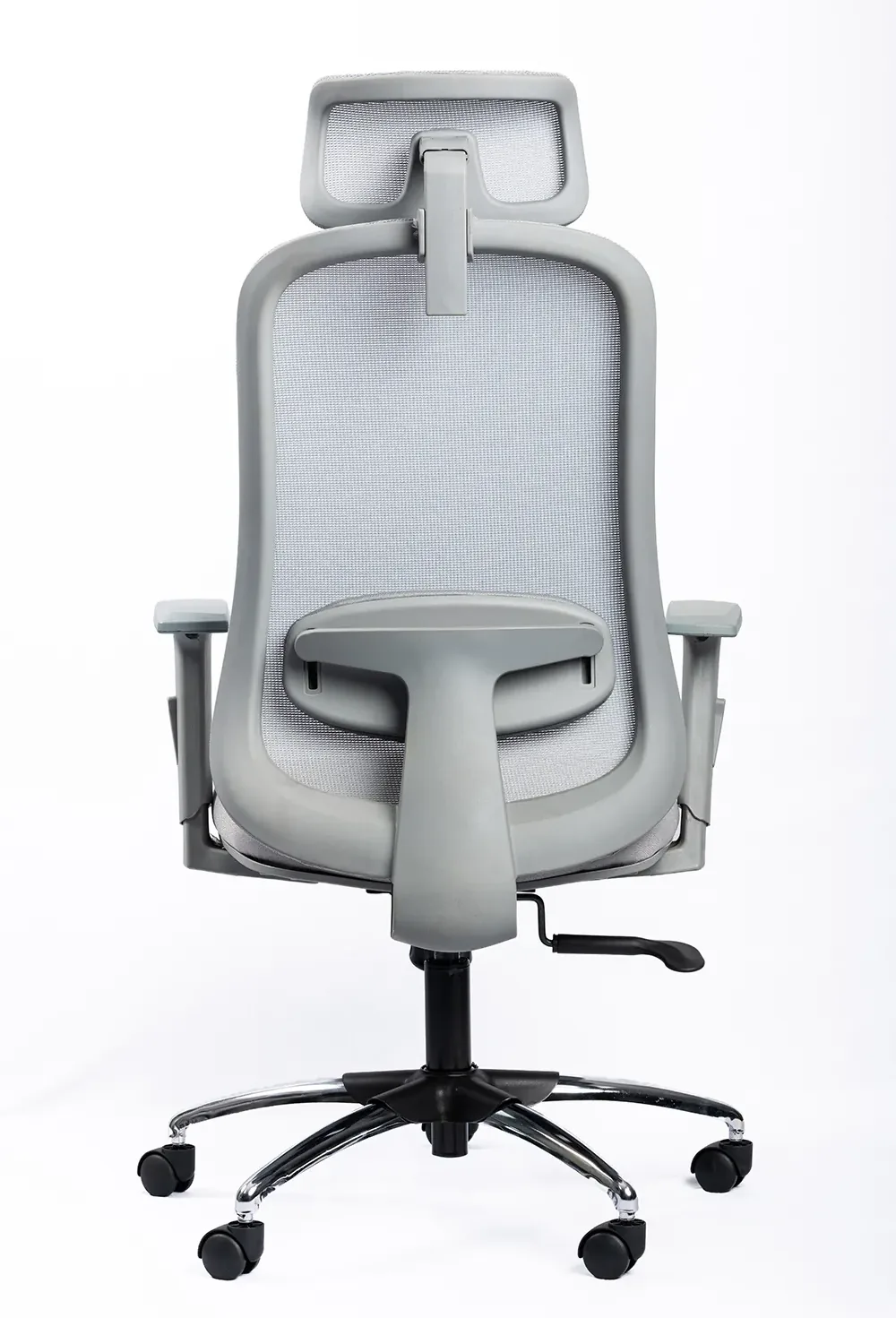 NX OYE H grey high-back mesh chair with chrome base, rear view
