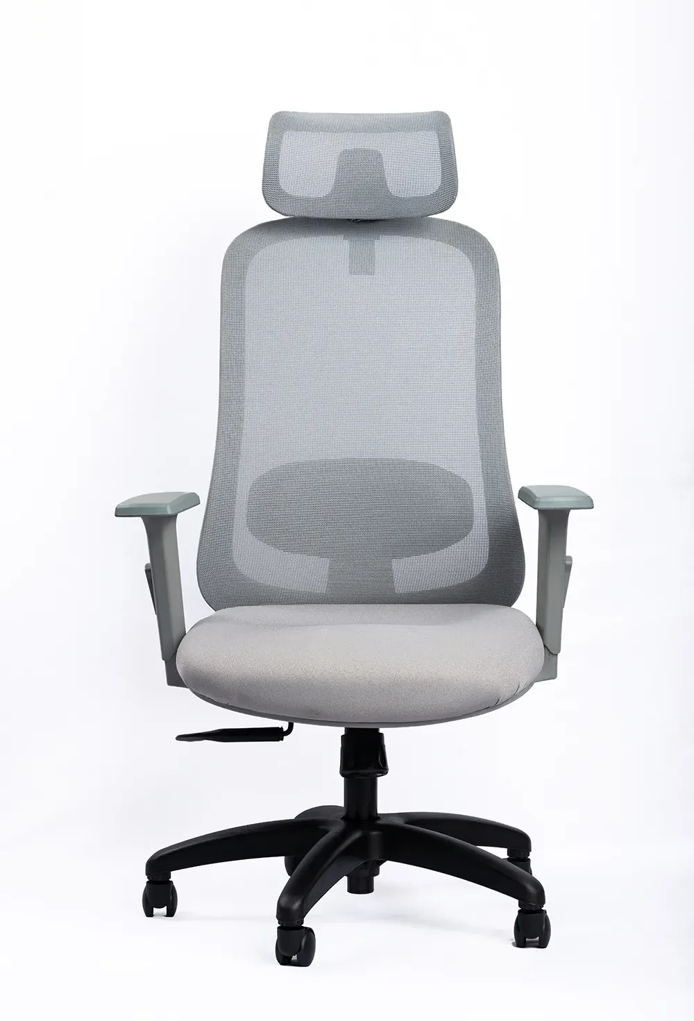 NX OYE H grey high-back mesh chair with black nylon base, front view