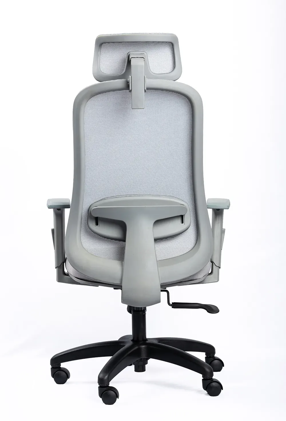 NX OYE H grey high-back mesh chair with black nylon base, rear view