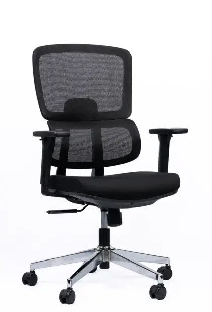 NX PUL mesh chair, black frame chrome base, front view