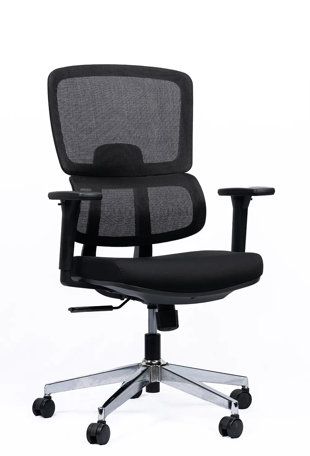 NX PUL mesh chair, black frame chrome base, front view