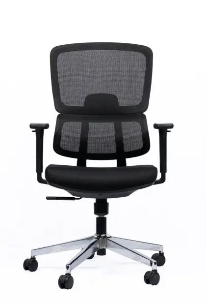 NX PUL mesh chair, black frame chrome base, three-quarter view