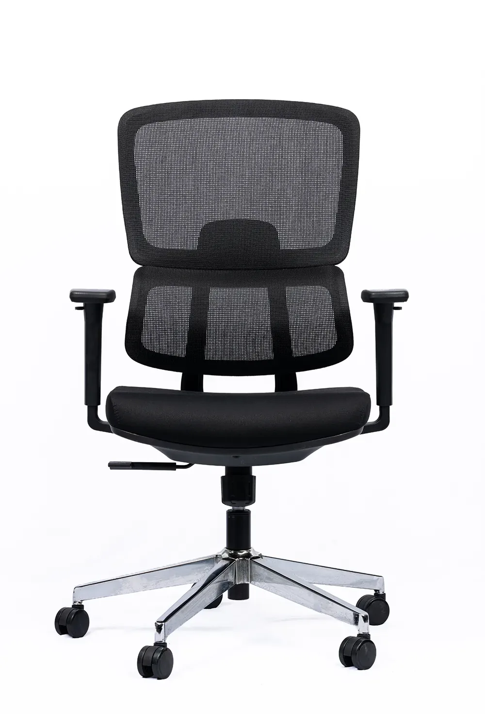 NX PUL mesh chair, black frame chrome base, three-quarter view