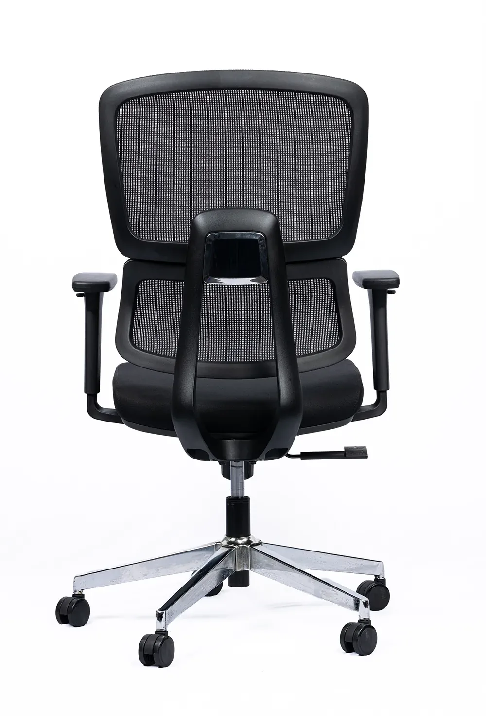 NX PUL mesh chair, black frame chrome base, rear view