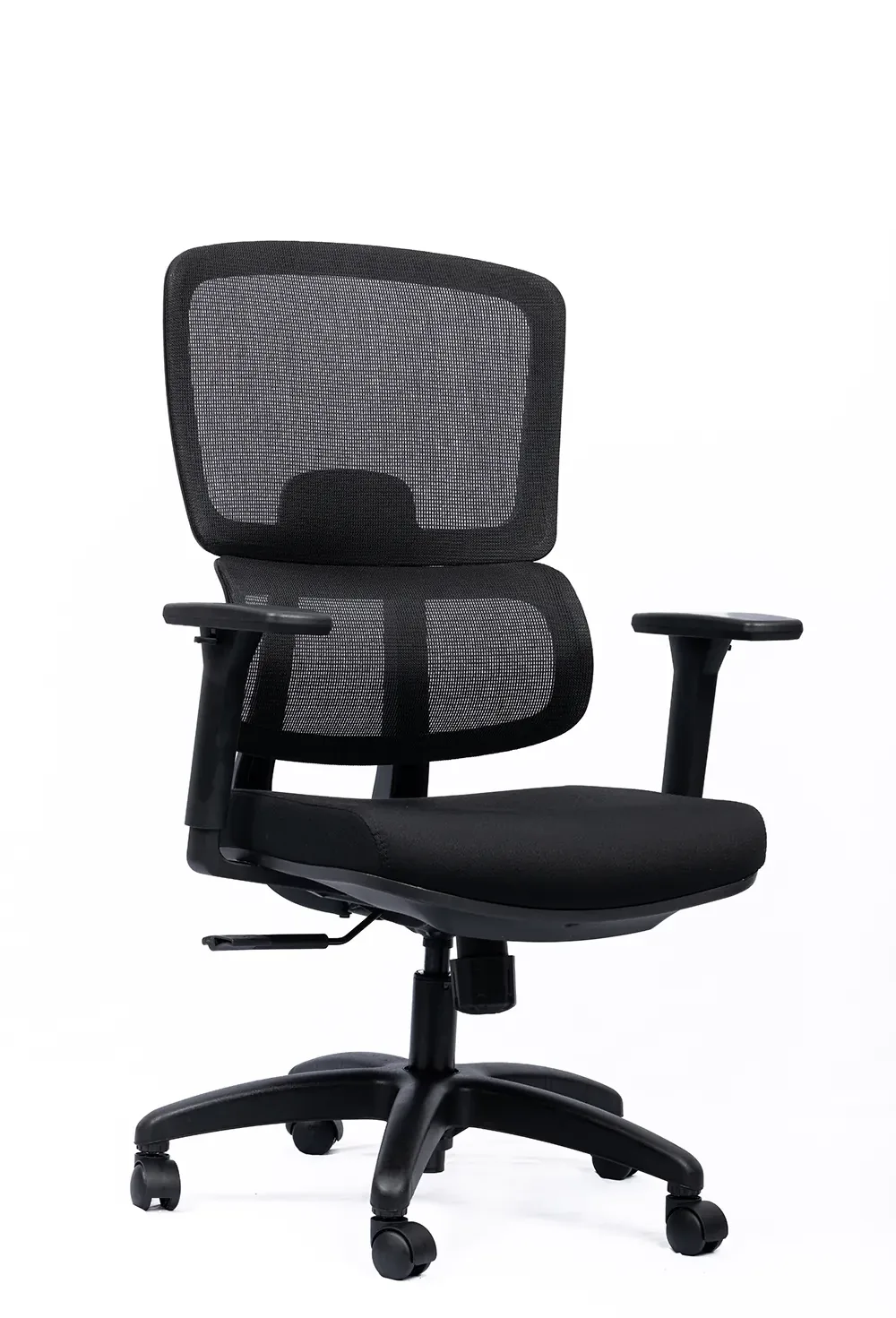 NX PUL mesh chair, black frame nylon base, three-quarter view