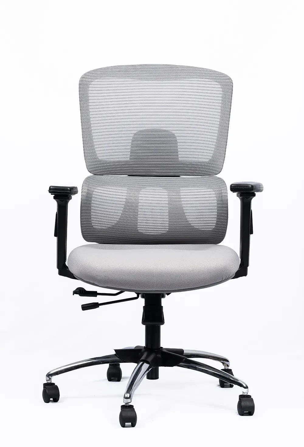 NX PUL mesh chair, grey frame chrome base, front view