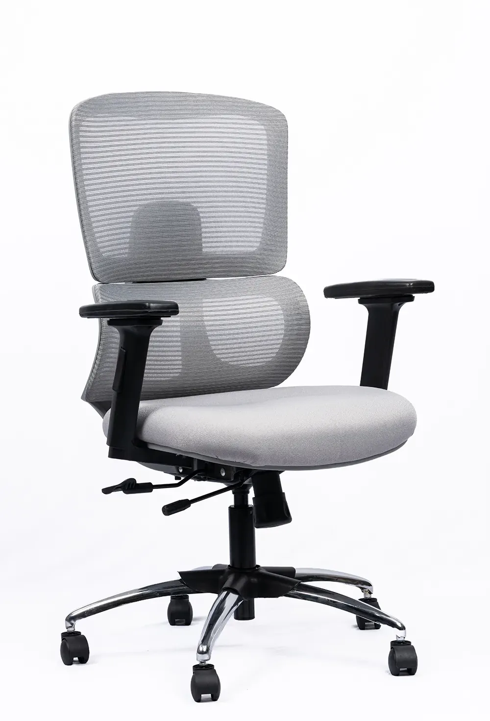 NX PUL mesh chair, grey frame chrome base, three-quarter view