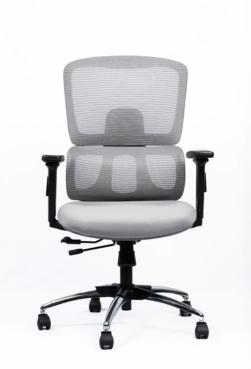 NX PUL mesh chair, grey frame chrome base, front view