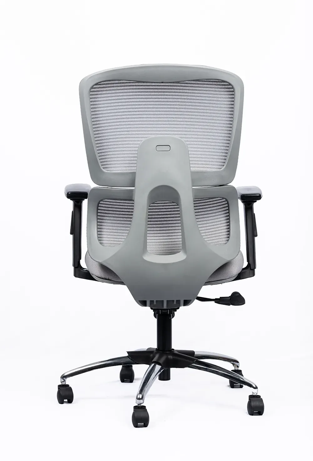 NX PUL mesh chair, grey frame chrome base, rear view