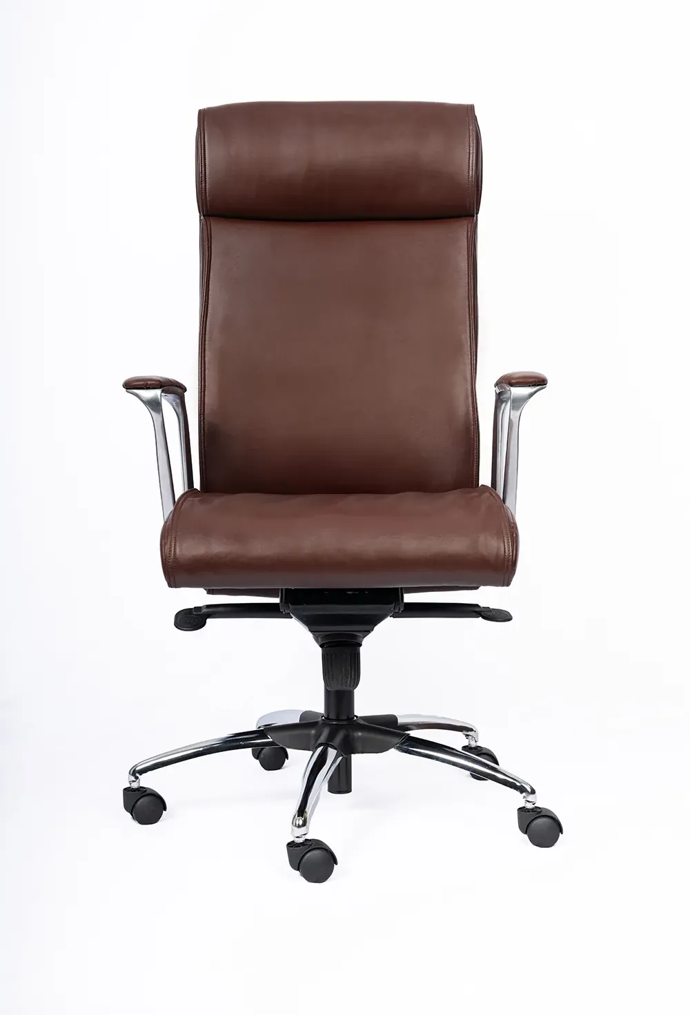 NX VER brown leatherette executive chair with chrome loop arms, front view