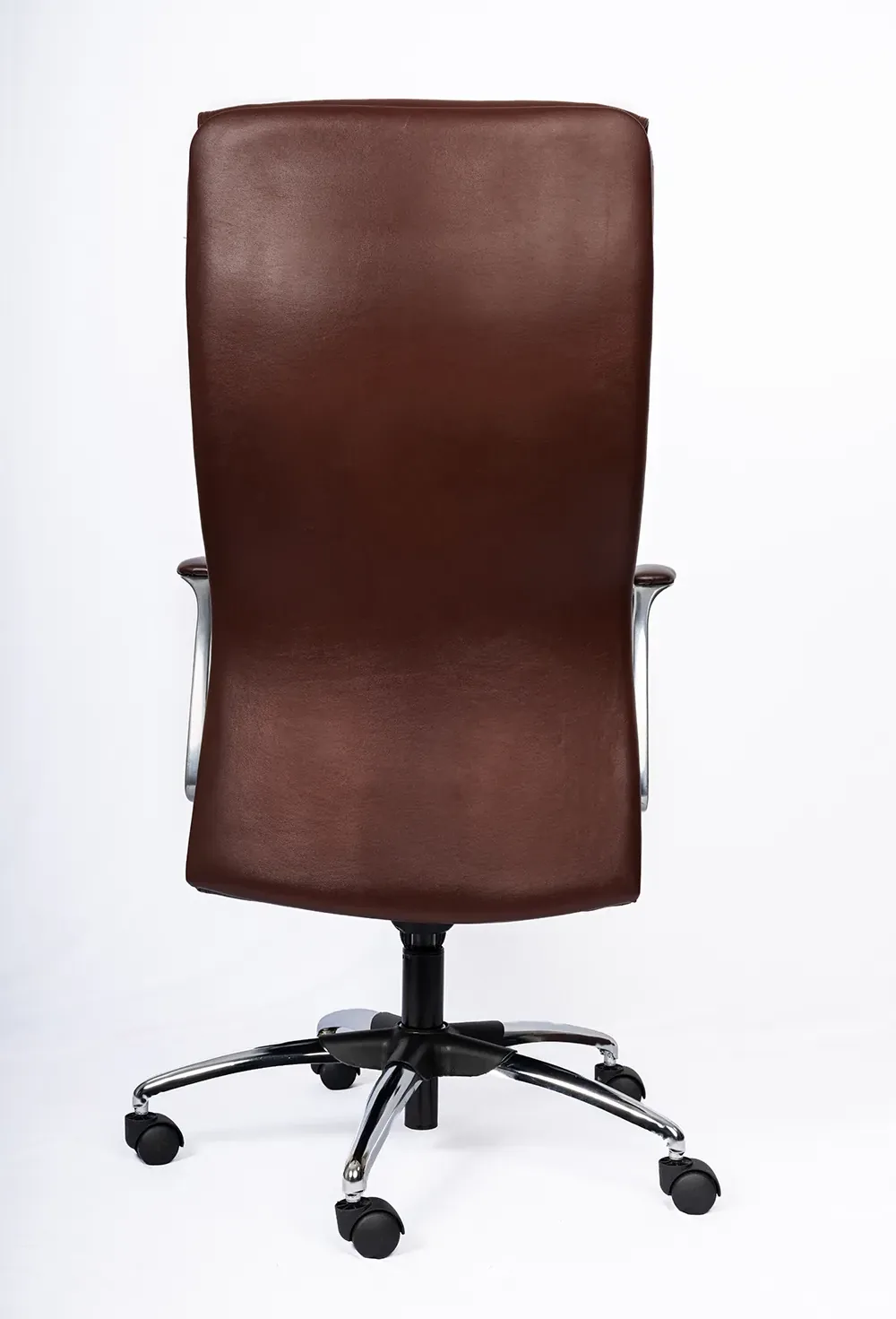 NX VER brown leatherette executive chair with chrome loop arms, rear view